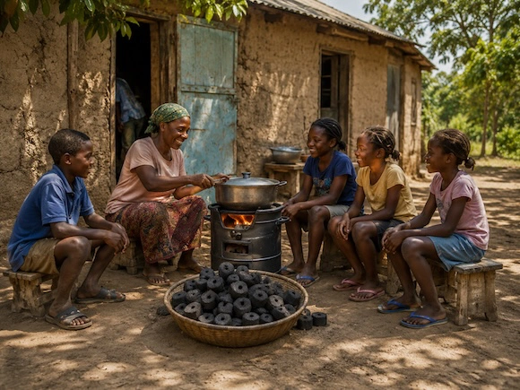 Family cooking with eco-charcoal
