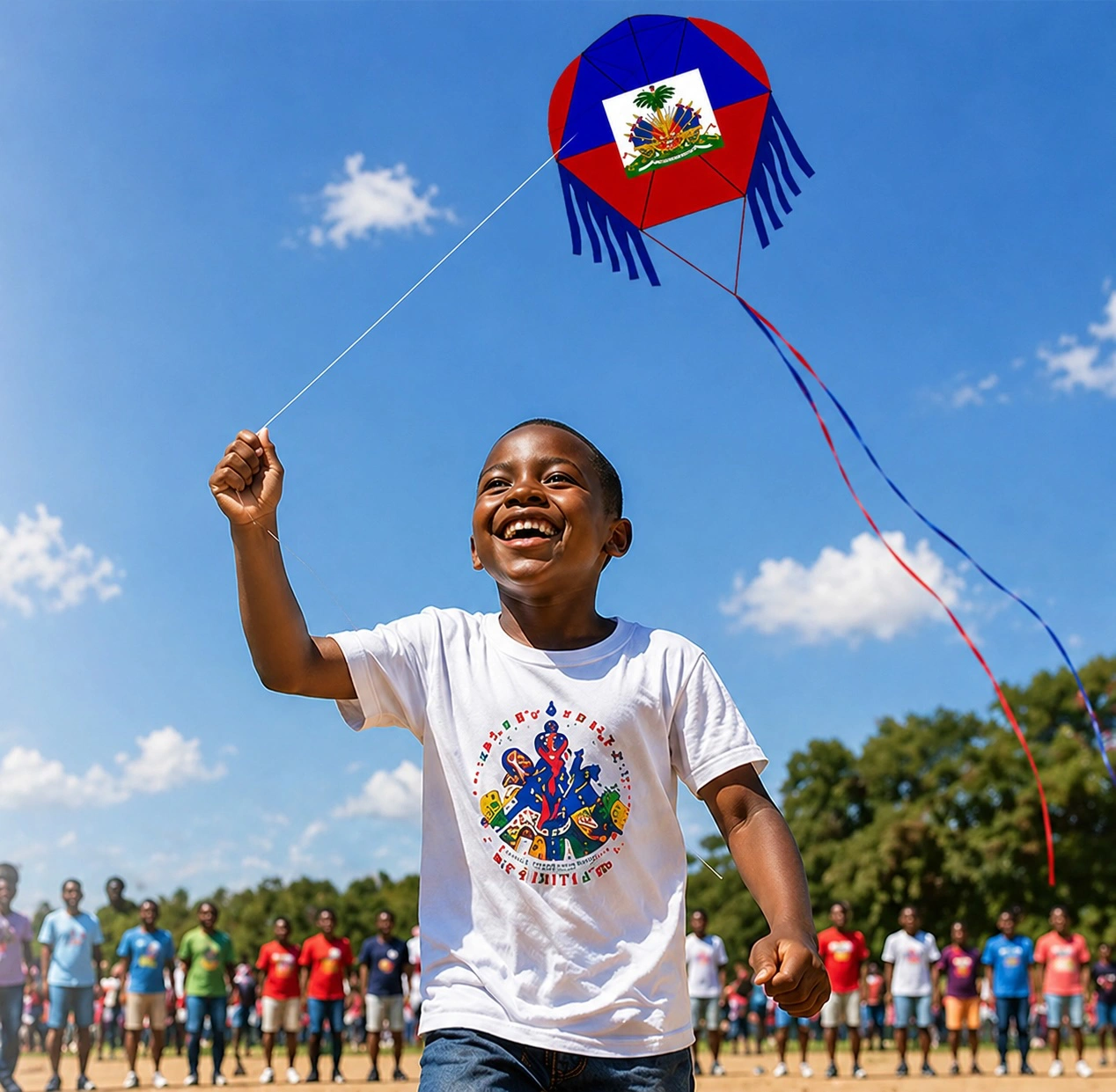 Child flying a Haitian-flag kite