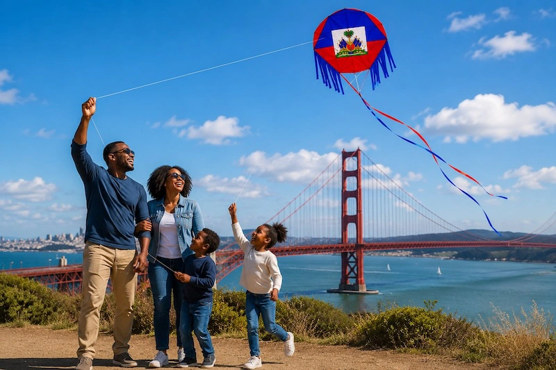Family flying kites in San Francisco